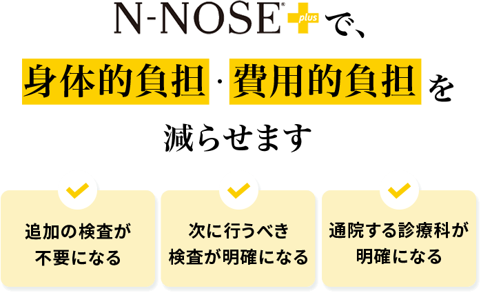 N-NOSE+で、身体的負担・費用的負担を減らせます。追加の調査が不要になる、次に行うべき検査が明確になる、通院する診療科が明確になる